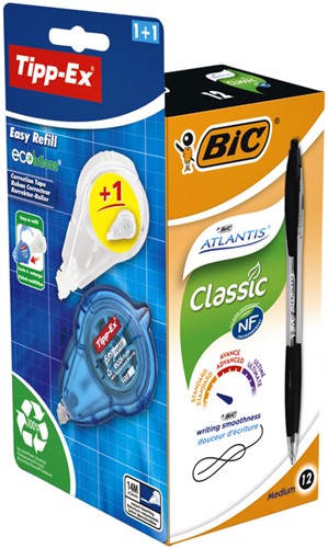 Balpen Bic Atlantis + gratis Tipp-ex easy M zwart 12 Stuk