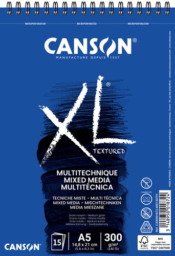 Mixed mediapapier Canson XL Textured 300gr A5 wit 1 Stuk