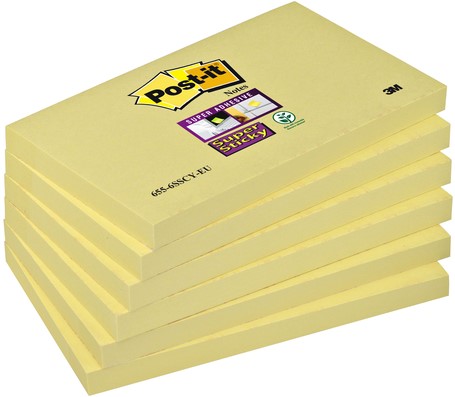 Memoblok Post-it 655 Super Sticky 76x127mm geel 6 Stuk
