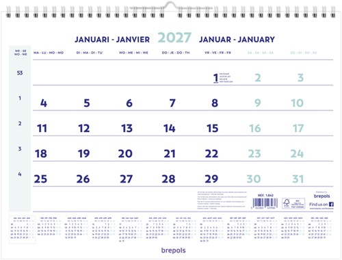 1-Maandskalender 2027 Brepols 43x31.5cm 1 Stuk