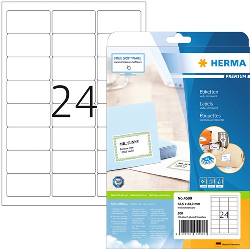 Etiket HERMA 4500 A4 63.5x33.9mm premium wit 25 Vel