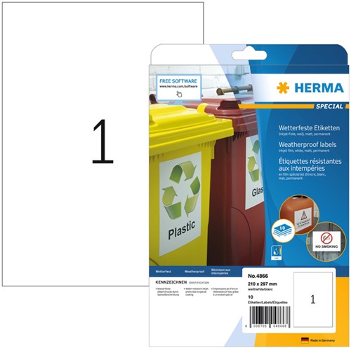 Etiket HERMA 4866 210x297mm A4 folie 10st wit 10 Vel