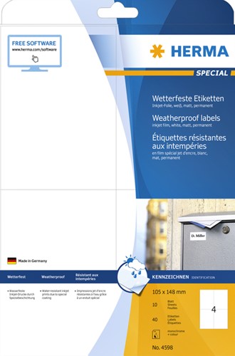 Etiket HERMA 4598 105x148mm A4 40st folie wit 10 Vel-3