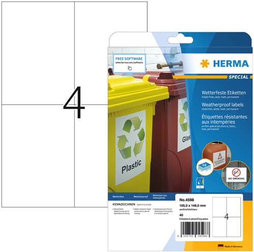 Etiket HERMA 4598 105x148mm A4 40st folie wit 10 Vel
