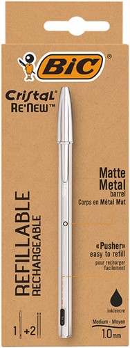Balpen Bic Cristal Re-new 1 pen + 2 vull  M zwart 1 Stuk