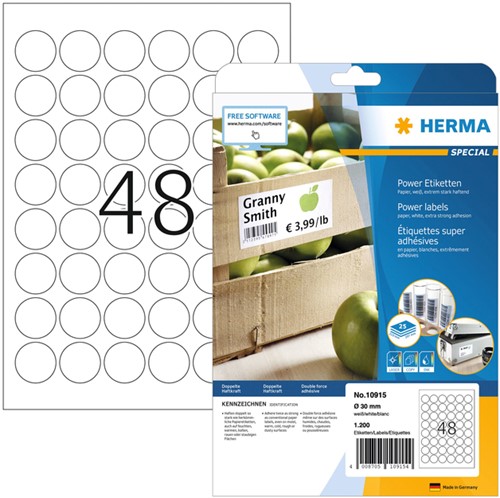 Etiket HERMA Power 10915 rond 30mm wit 1200stuks 25 Vel
