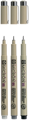 Fineliner Sakura Pigma Micron 05 set zw gr 3 maten 3 Stuk-3