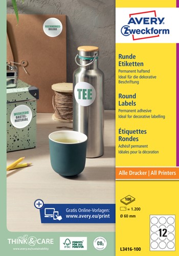 Etiket Avery Zweckform L3416 rond 60mm wit 1200st 100 Vel