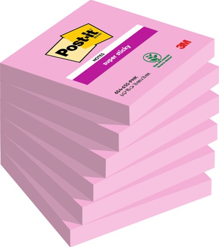 Memoblok Post-it 654 Super Sticky 76x76mm roze 90 Vel