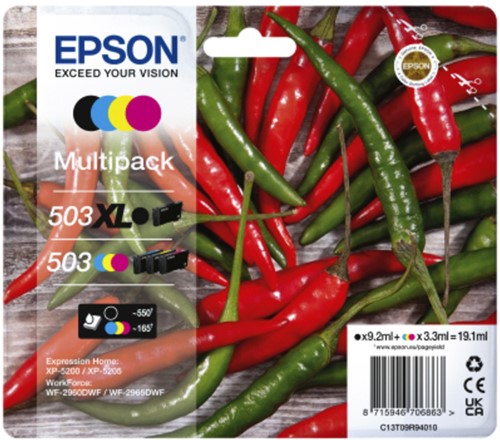 Inktcartridge Epson 503XL/503 T09R94 zw+ 3 kleuren 4 Stuk