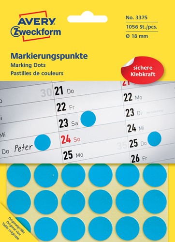 Etiket Avery 3375 rond 18mm blauw 1056stuks 22 Vel