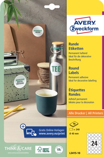 Etiket Avery L3415-10 rond 40mm wit 240stuks 10 Vel