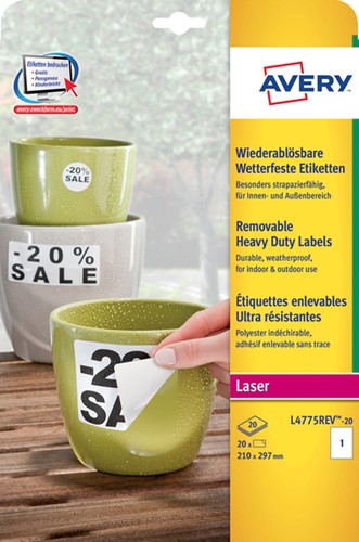 Etiket Avery L4775REV-20 210x297mm wit 20st 20 Vel