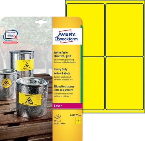 Etiket Avery L6127-20 99.1x139mm geel 80stuks 20 Vel