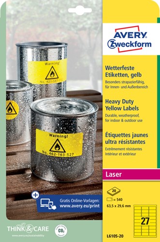 Etiket Avery L6105-20 63.5x29.6mm geel 540st 20 Vel