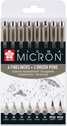 Fineliner Sakura PM 6 breedtes en 2 brushpen grijs 8 Stuk