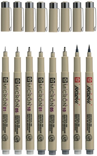 Fineliner Sakura PM 6 breedtes en 2 brushpen grijs 8 Stuk-3