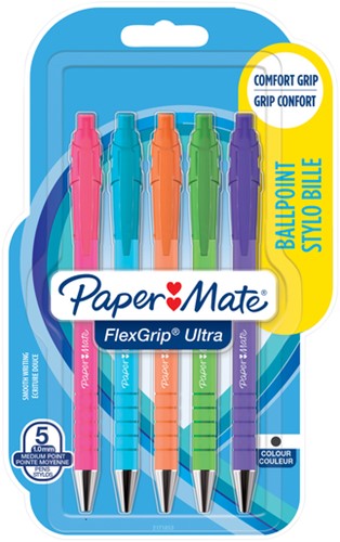 Balpen Papermate Flexgrip Ultra M bright fun zw 5 Stuk