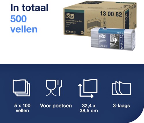 Reinigingsdoek Tork W4 gevouwen blauw 130082 5 pak-2