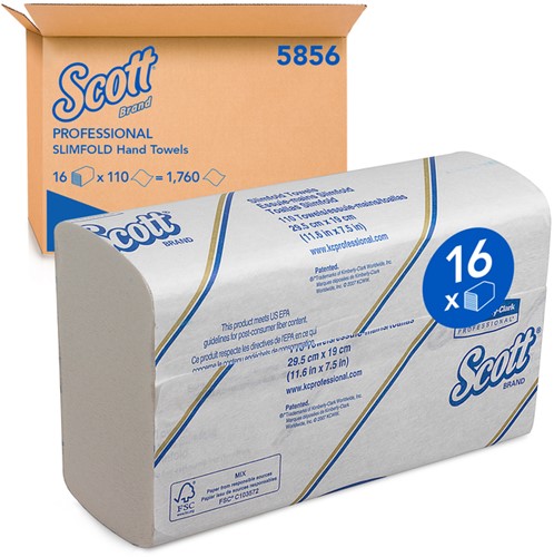 Handdoek Scott Slimfold 1laags 190x300mm wit 16 Stuk
