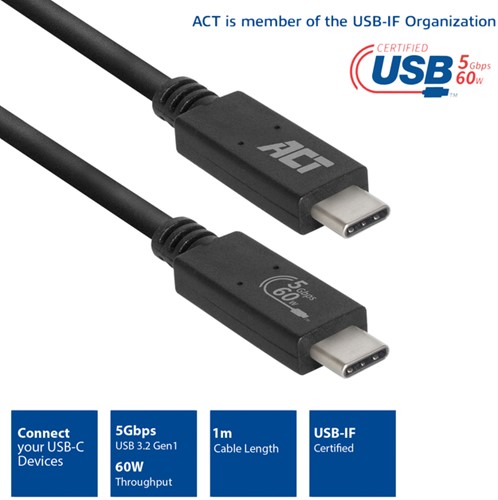 Kabel ACT USB 3.2 USB-C USB-IF gecert. 1 meter 1 Stuk-3