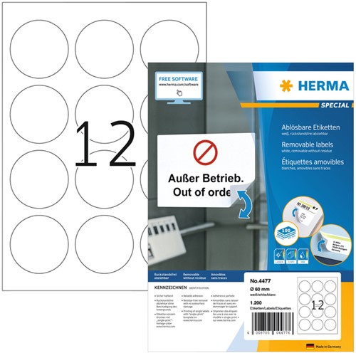 Etiket HERMA 4477 60mm verwijderbaar wit 1200st 100 Vel