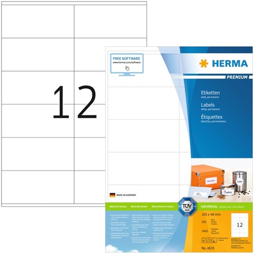 Etiket HERMA 4635 105x48mm premium wit 2400 etiket 200 Vel