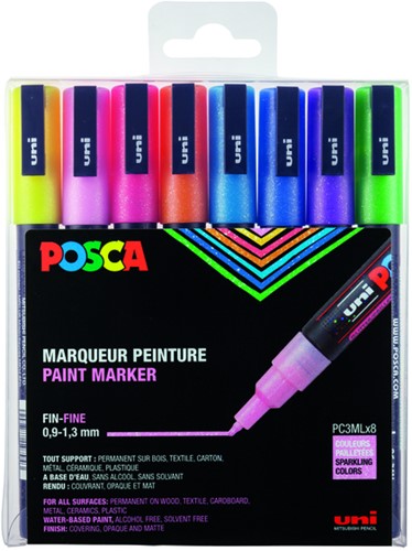 Verfstift Posca PC3M F 8st glitter pastelkleuren 8 Stuk