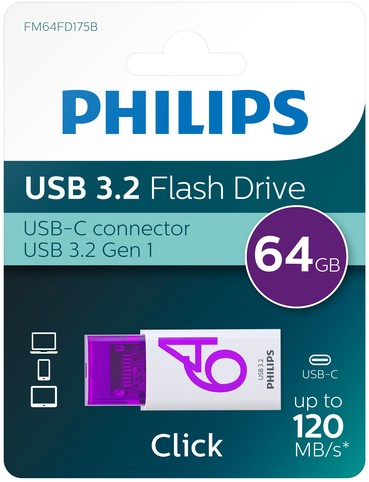 USB stick 3.2 Philips Click USB-C 64GB paars 1 Stuk