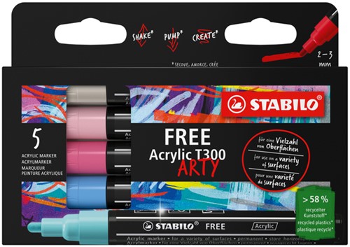 Acrylmarker STABILO Free Acrylic T300 Candy ass 5 Stuk