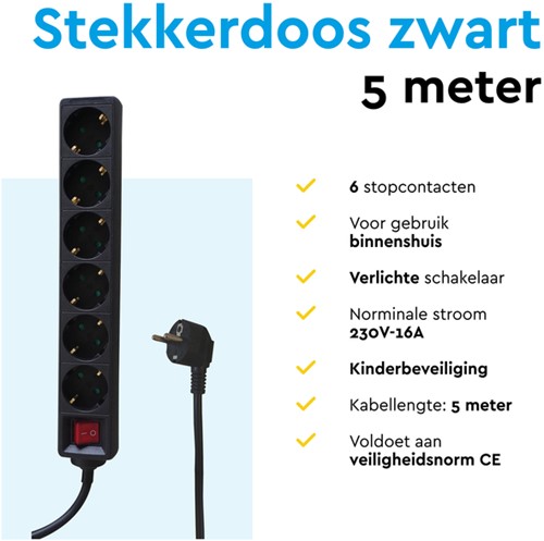 Stekkerdoos BRASQ 6 voudig 5 meter zwart 1 Stuk-6