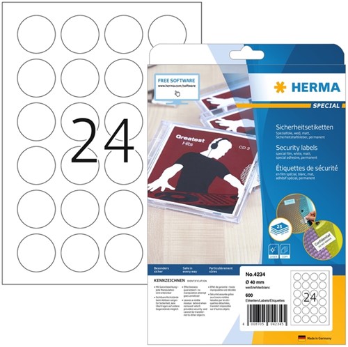 Veiligheidsetiket HERMA 4234 rond 40mm wt 600st 25 Vel