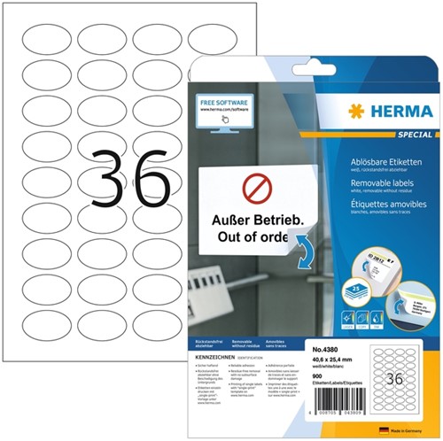 Etiket HERMA 4380 ovaal 40.6x25.4mm wit 900st 25 Vel