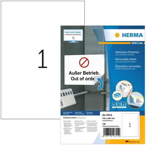 Etiket HERMA 10315 210x297mm verwijderb wit 100st 100 Vel