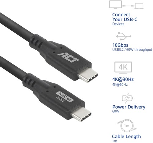 Kabel ACT USB-C 3.0 10Gbps 60W USB 1 meter 1 Stuk-2