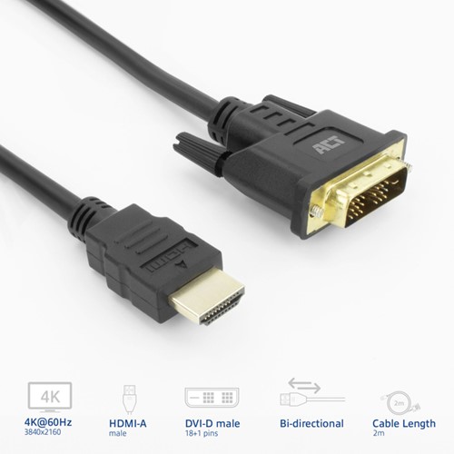 Kabel ACT HDMI DVI 18+1 pin M/M zwart 2 meter 1 Stuk-2