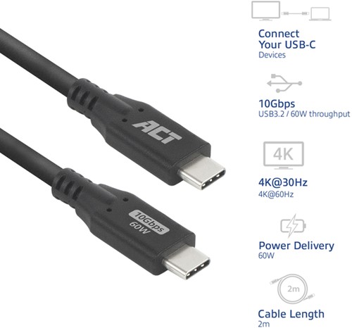 Kabel ACT USB-C 3.2 GEN.2 M/M zwart 2 meter 1 Stuk-2
