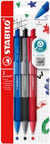 Balpen STABILO pointball colorful ass blist à 3st 3 Stuk