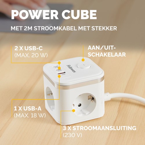 Stekkerblok Fellowes PCF 3v 1xUSB A 2xC 2m wit 1 Stuk-2