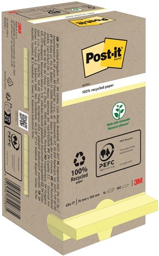 Memoblok Post-it 654 76x76mm recycled pastel geel 16 Stuk