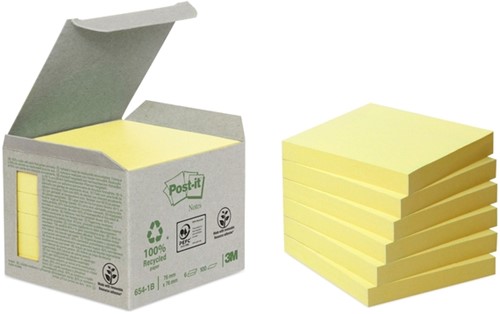 Memoblok Post-it 654-1B 76x76mm recycled geel 6 Stuk