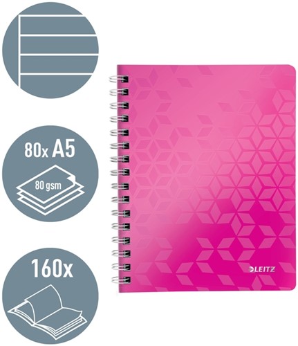 Notitieboek Leitz WOW A5 spiraal 160pg lijn roze 1 Stuk-1