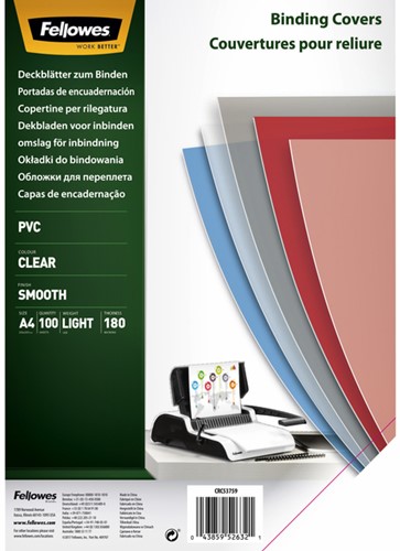 Voorblad Fellowes A4 PVC 180micron transparant 100 Stuk