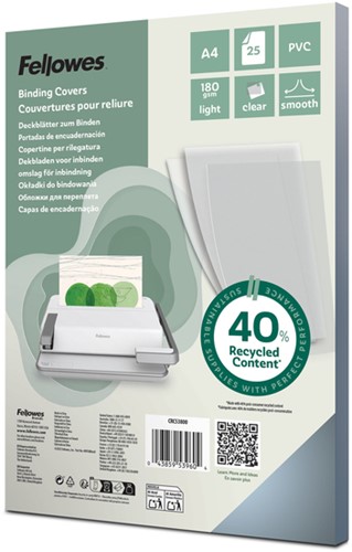 Voorblad Fellowes A4 PVC 180micron transparant 25 Stuk