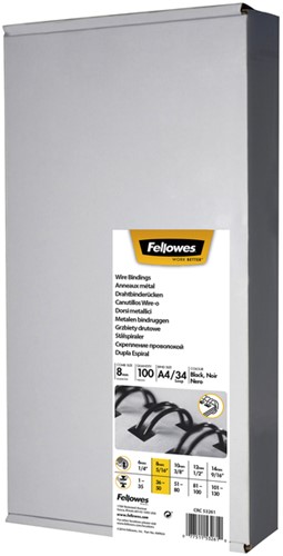 Draadrug Fellowes 34 rings 8mm A4 zwart 100 Stuk
