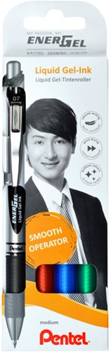 Gelschrijver Pentel BL77 Energel M zw-rd-bl-gn 4 Stuk