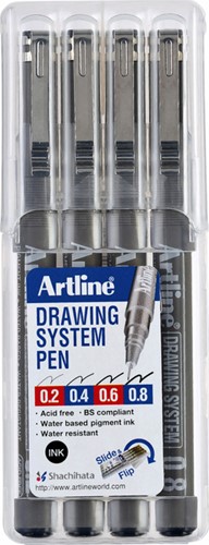 Fineliner Artline technisch 0.2-0.4-0.6-0.8mm zw 4 Stuk