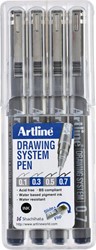 Fineliner Artline technisch 0.1-0.3-0.5-0.7mm zw 4 Stuk