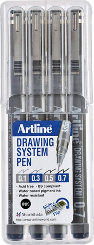 Fineliner Artline technisch 0.1-0.3-0.5-0.7mm zw 4 Stuk