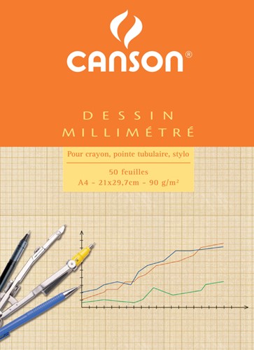 Millimeterpapier Canson bruingeel bedrukt A4 wit 50 Vel
